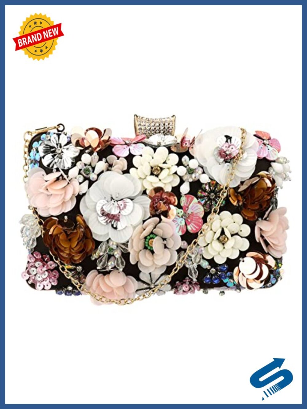 Women's Satin Floral Evening Clutch with Rhinestone & Chain Wristlet